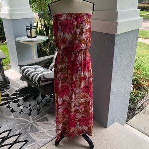 Strapless Floral Dress - Pink and Brown